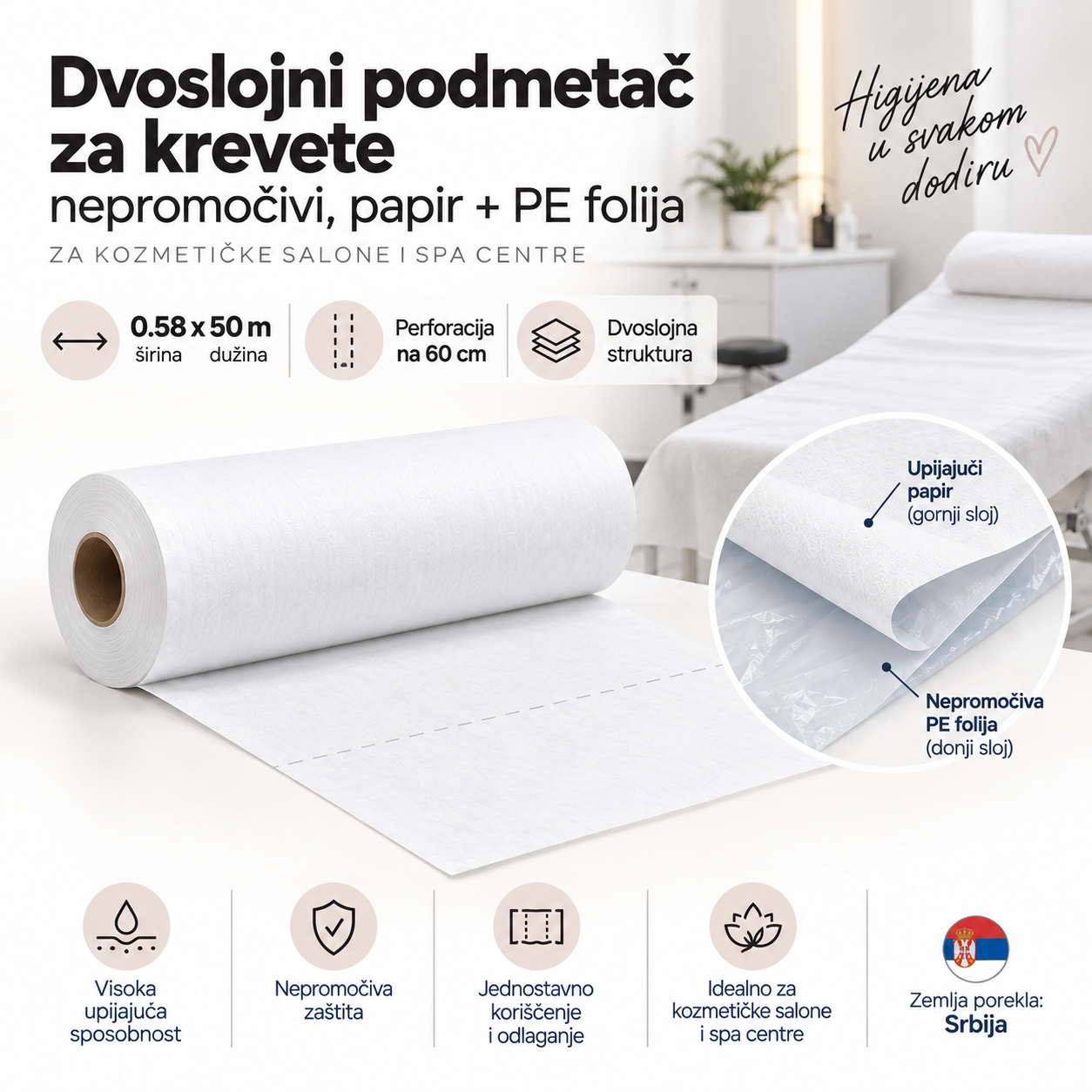 rolna 50m Dvoslojna Rolna / Podmetač Za Kozmetički Krevet 50m / 60cm Bela - Slika 1